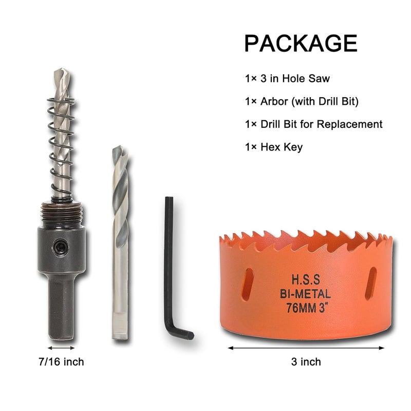 VIKITON 3 inch Hole Saw with Arbor for Metal Wood Plastic, 76mm Bi-Metal Hole Cutter for Different Project with Smooth and Flat Drilling Edge, Fast Chip Removal - Image 2